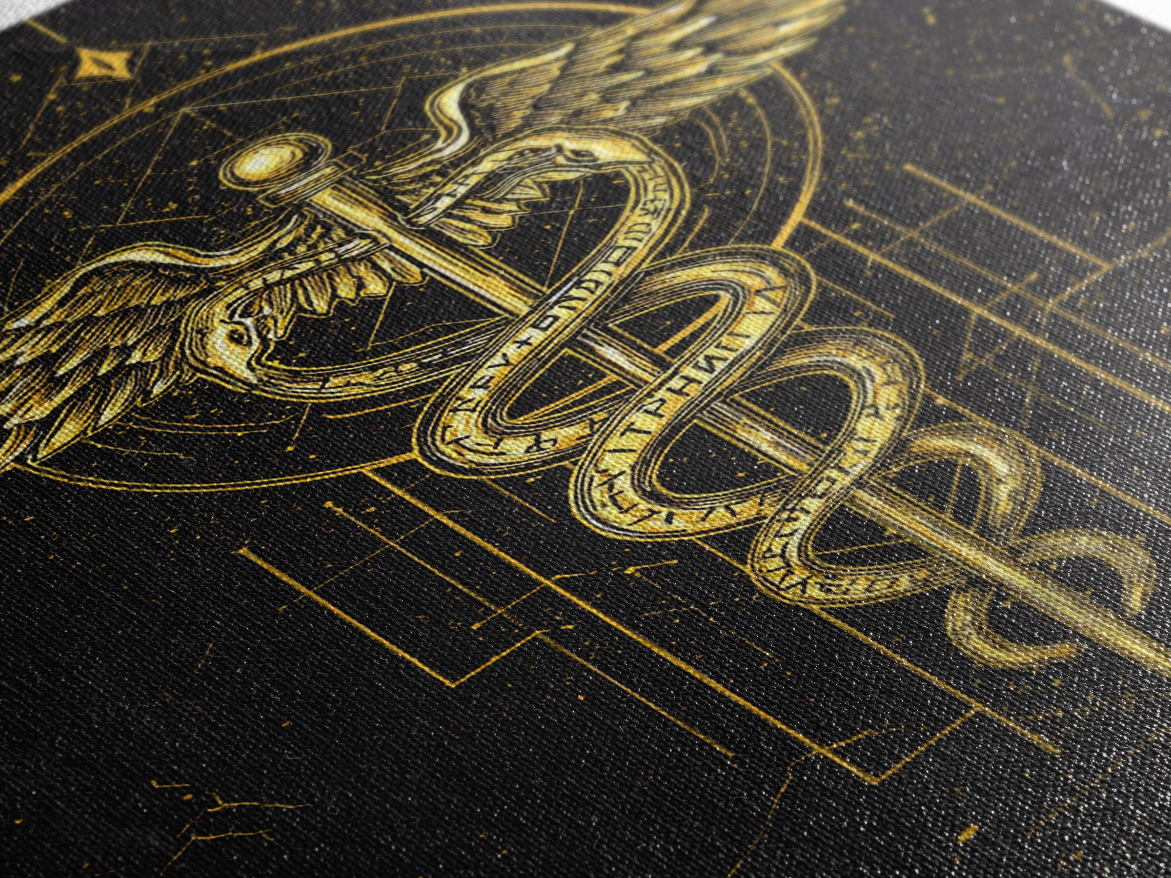 Geometric Caduceus Symbol Artwork, Sacred Serpent And Staff Wall Art, Canvas Gold Canvas Print, Real Wood Frame Decor
