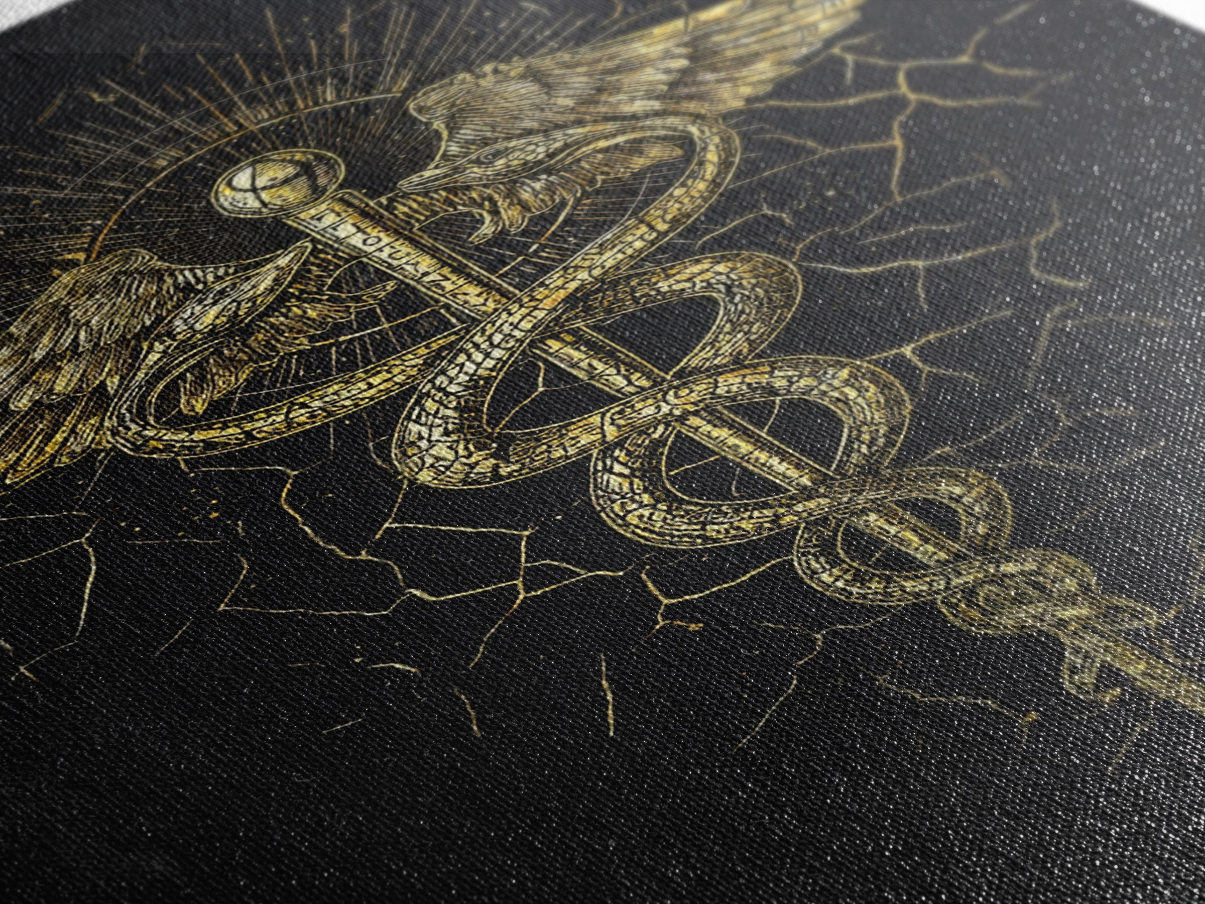 Caduceus Medical Symbol Wall Art, Serpent And Wings Ancient Staff Artwork, Canvas Gold Canvas Print, Real Wood Frame