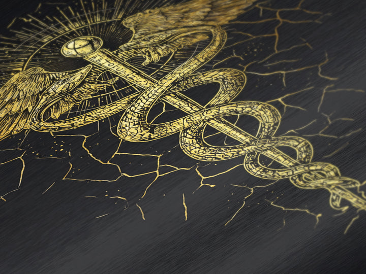 Caduceus Medical Symbol Wall Art, Serpent And Wings Ancient Staff Artwork, Metallic Gold Metal Print, Real Wood Frame