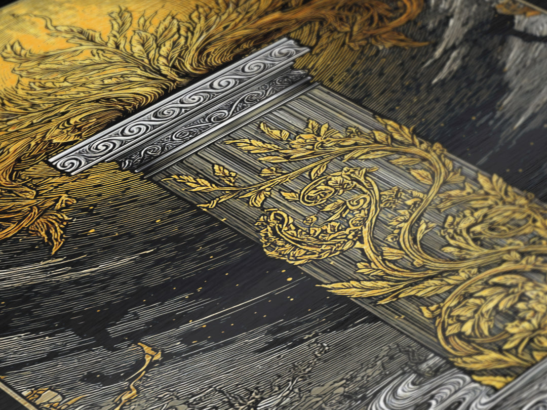 Greek Column Artwork, Mythical Pillar With Golden Flames Wall Art, Metallic Gold Metal Print, Real Wood Frame Decor