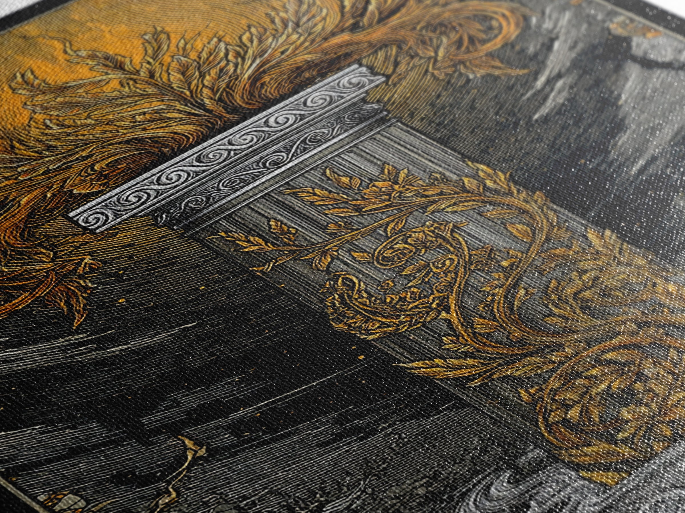 Greek Column Artwork, Mythical Pillar With Golden Flames Wall Art, Canvas Gold Canvas Print, Real Wood Frame Decor