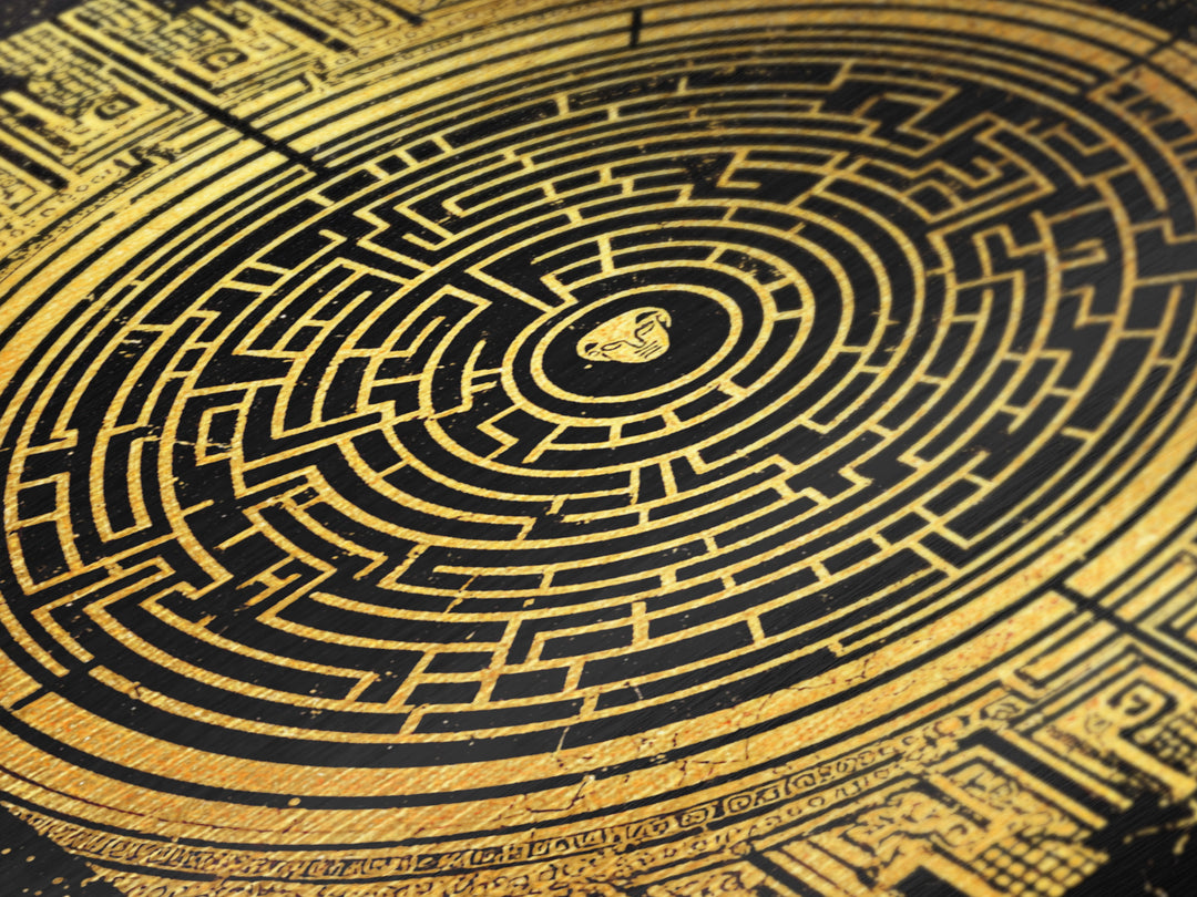 Labyrinth Maze Artwork, Mythical Minotaur Symbol Wall Art, Metallic Gold Metal Print, Real Wood Frame, Ancient Greek Decor