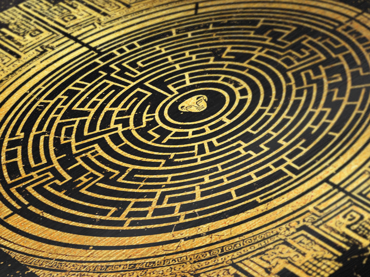 Labyrinth Maze Artwork, Mythical Minotaur Symbol Wall Art, Metallic Gold Metal Print, Real Wood Frame, Ancient Greek Decor