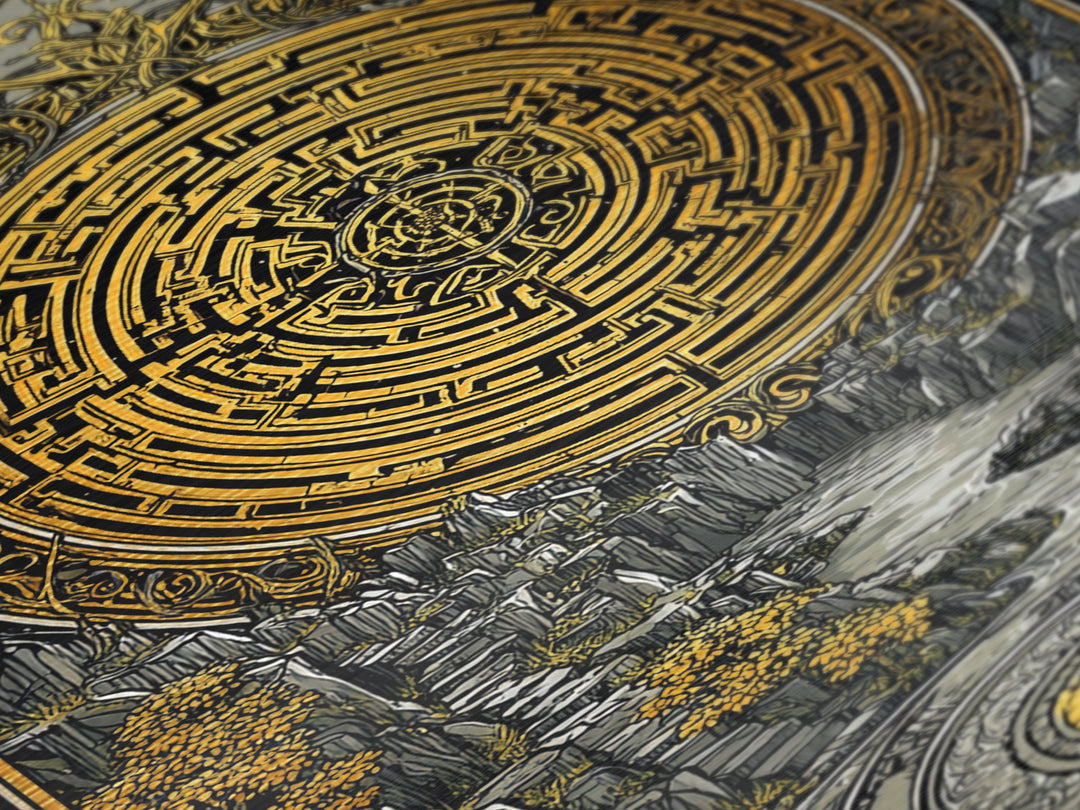Ancient Maze Artwork, Mystical Labyrinth Symbol Wall Art, Metallic Gold Metal Print, Real Wood Frame, Mythology Inspired Decor