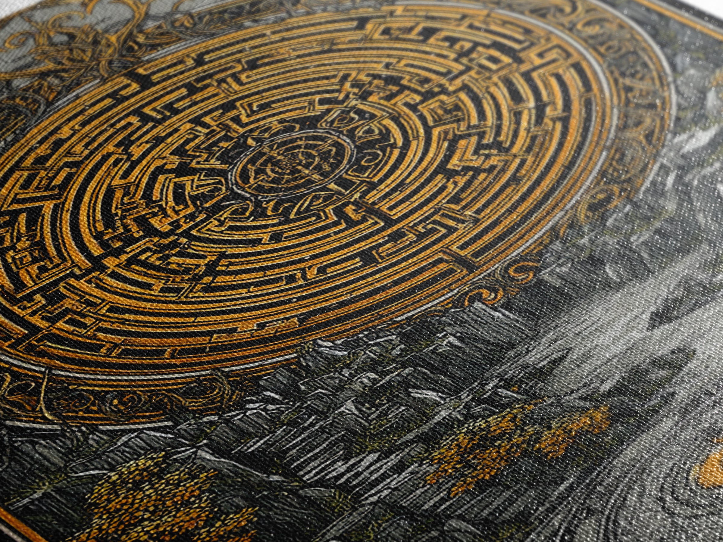 Ancient Maze Artwork, Mystical Labyrinth Symbol Wall Art, Canvas Gold Canvas Print, Real Wood Frame, Mythology Inspired Decor
