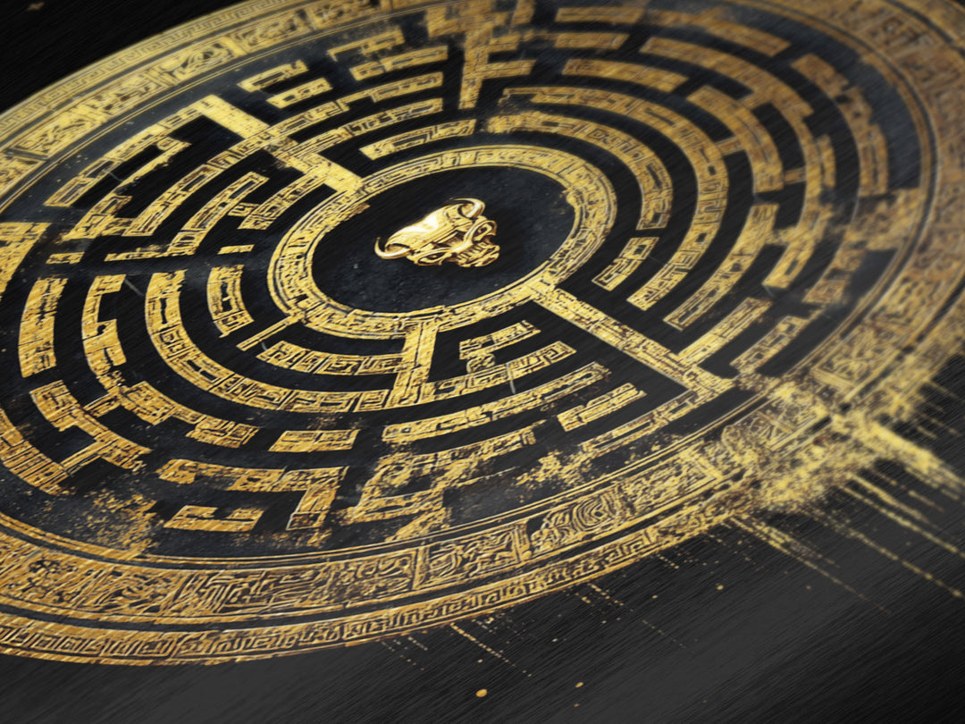 Greek Labyrinth Artwork, Mythical Minotaur Maze Symbol Wall Art, Metallic Gold Metal Print, Real Wood Frame, Esoteric Decor