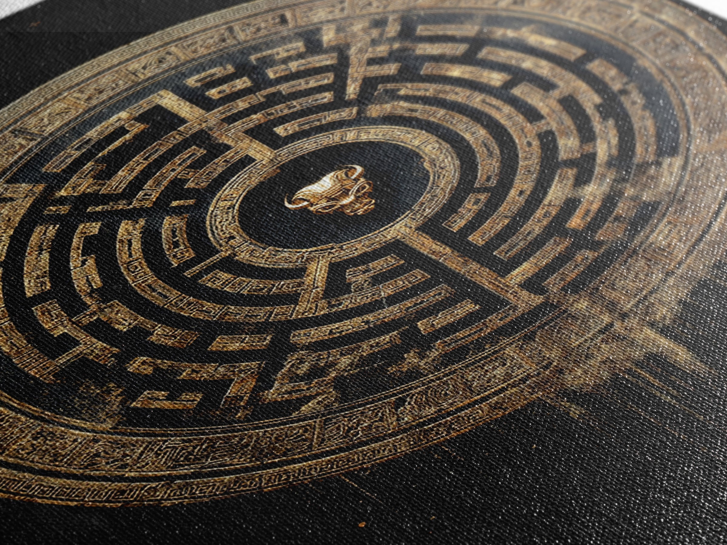 Greek Labyrinth Artwork, Mythical Minotaur Maze Symbol Wall Art, Canvas Gold Canvas Print, Real Wood Frame, Esoteric Decor