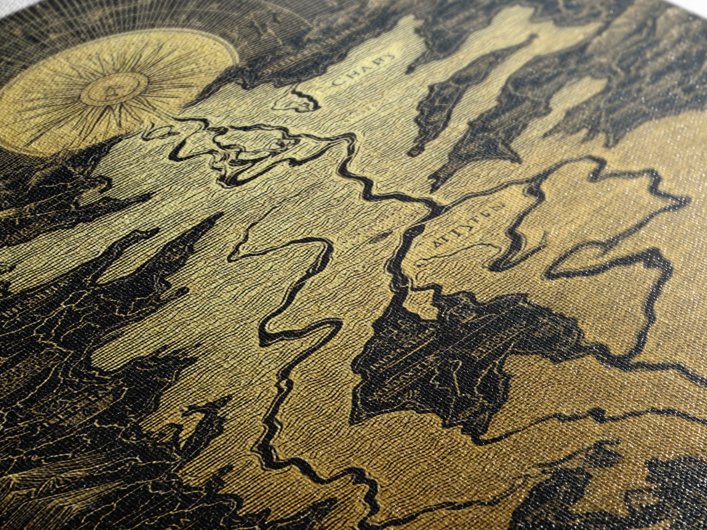 Celestial Map Artwork, Mythical Golden Sun And River Wall Art, Canvas Gold Canvas Print, Real Wood Frame, Ancient Inspired Decor
