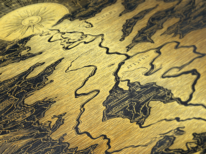 Celestial Map Artwork, Mythical Golden Sun And River Wall Art, Metallic Gold Metal Print, Real Wood Frame, Ancient Inspired Decor