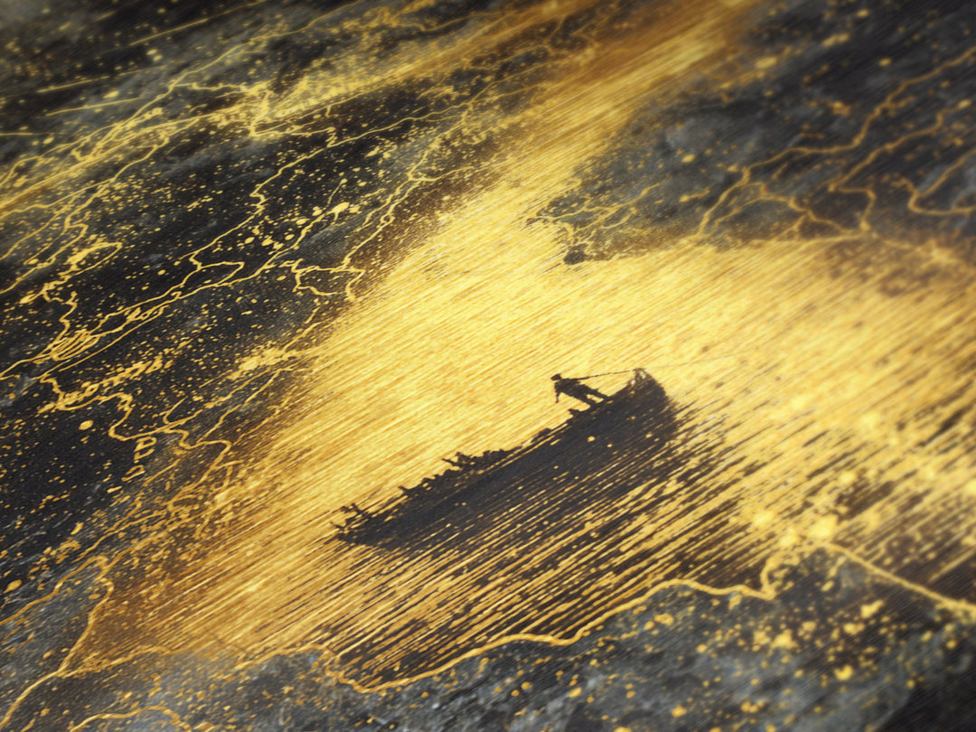 Mythical Boat Journey Artwork, Celestial Golden Map Wall Art, Metallic Gold Metal Print, Real Wood Frame, Mystical Decor