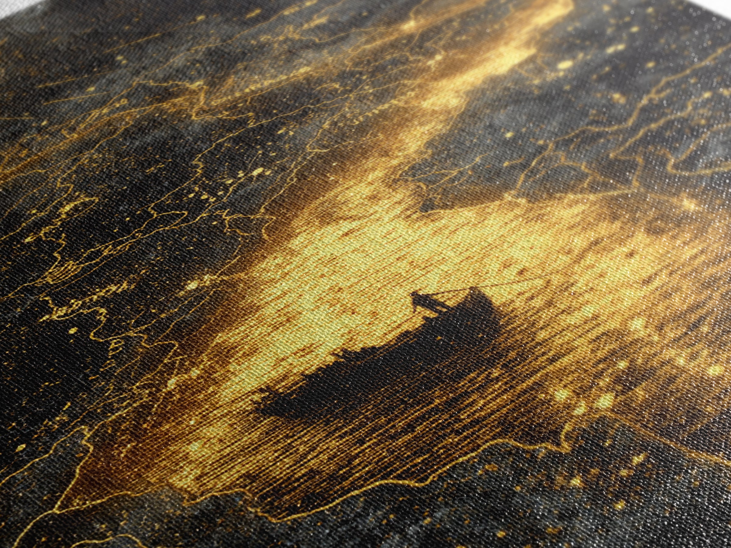 Mythical Boat Journey Artwork, Celestial Golden Map Wall Art, Canvas Gold Canvas Print, Real Wood Frame, Mystical Decor