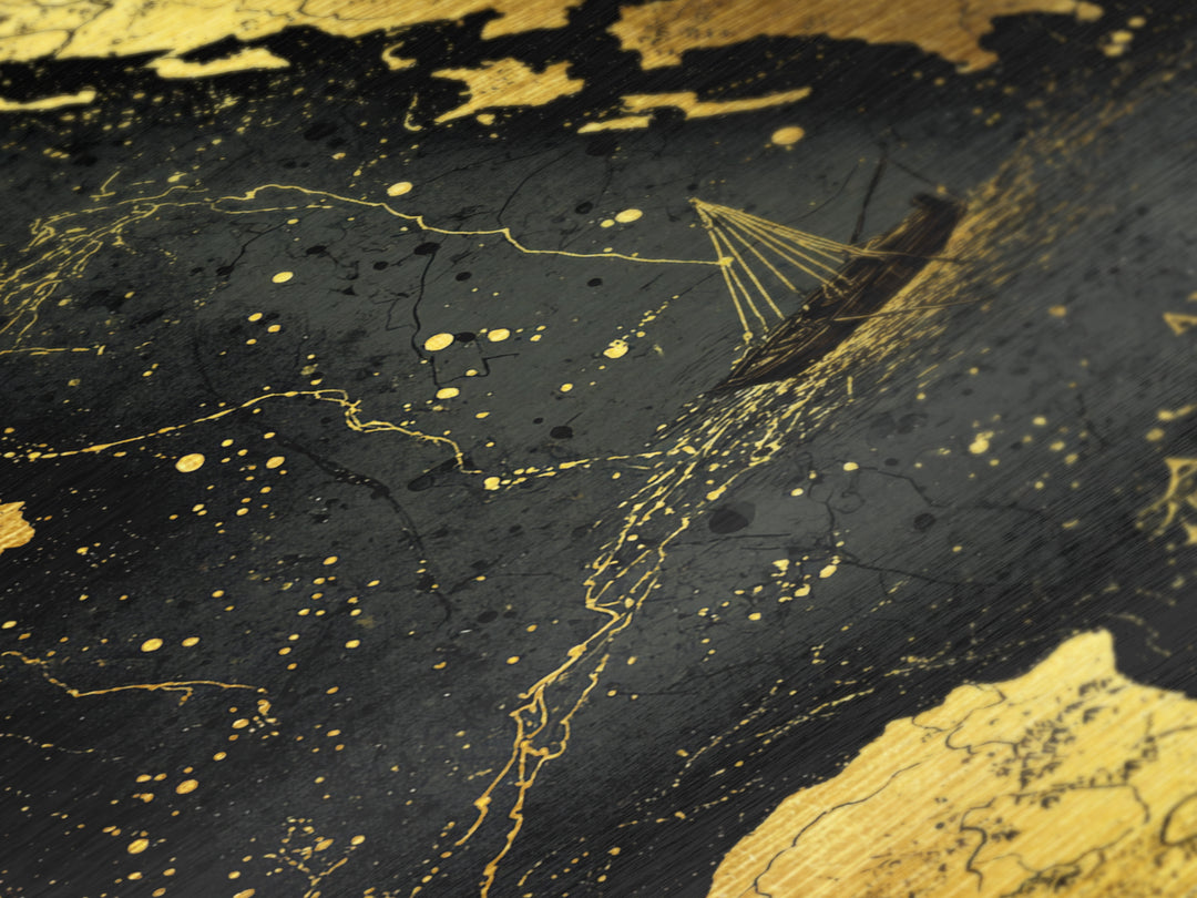 Golden Voyage Map Artwork, Ancient Nautical Journey Wall Art, Metallic Gold Metal Print, Real Wood Frame, Mythical Decor