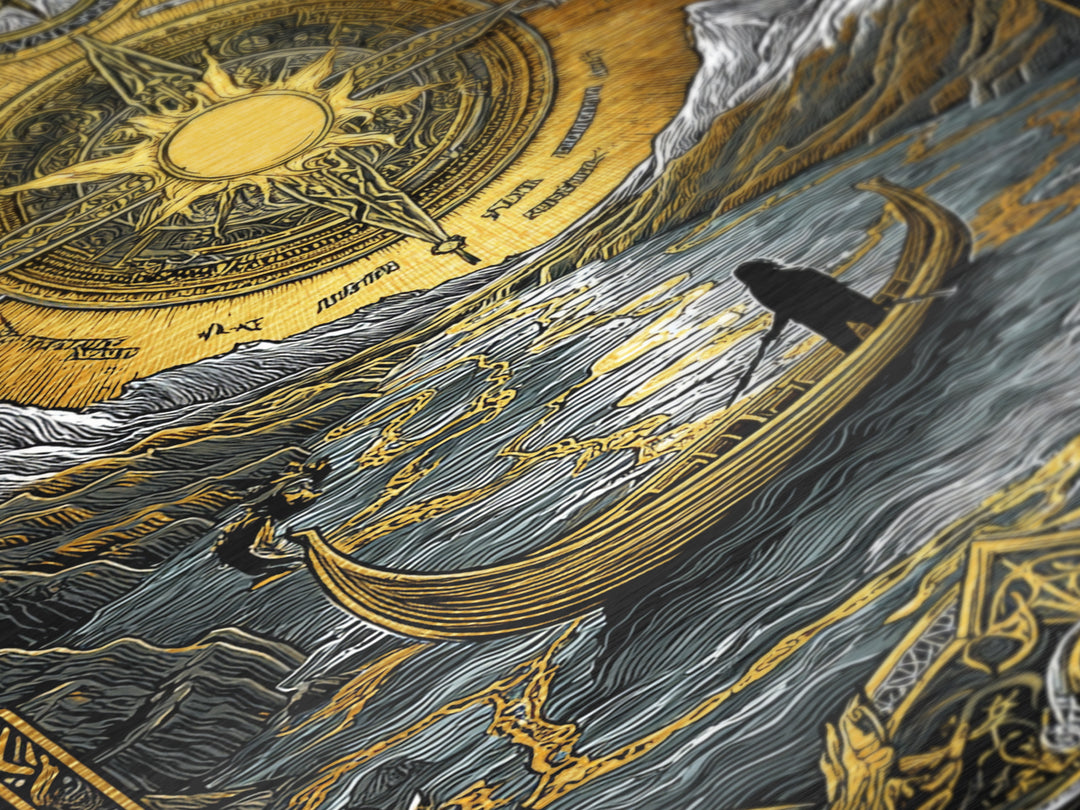 Mystical Compass Artwork, Celestial Sun And Boat Journey Wall Art, Metallic Gold Metal Print, Real Wood Frame, Mythology Decor