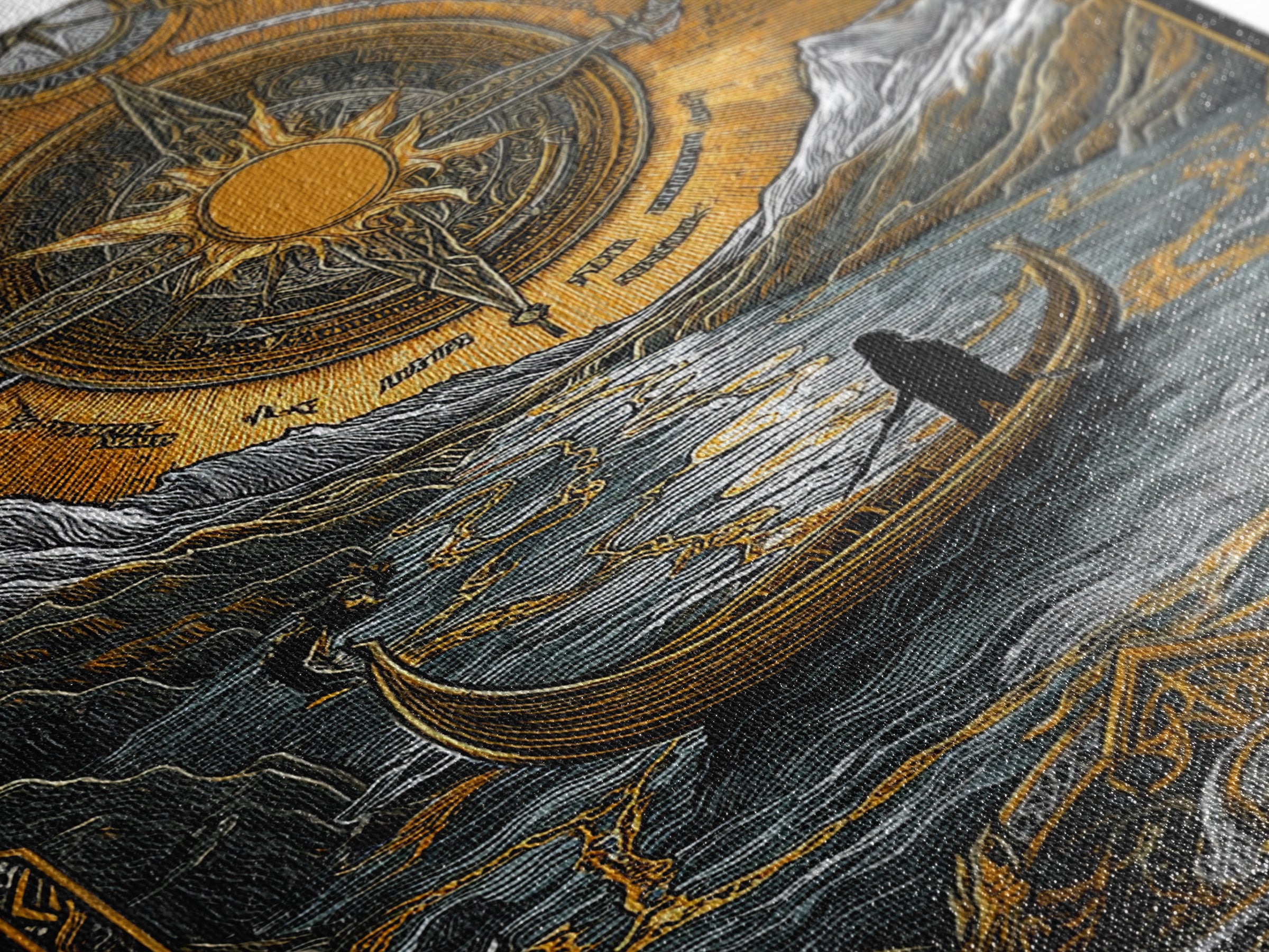 Mystical Compass Artwork, Celestial Sun And Boat Journey Wall Art, Canvas Gold Canvas Print, Real Wood Frame, Mythology Decor