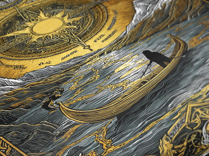 Mystical Compass Artwork, Celestial Sun And Boat Journey Wall Art, Metallic Gold Metal Print, Real Wood Frame, Mythology Decor