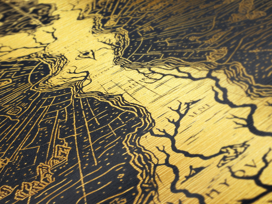 Ancient River Map Artwork, Mythical Golden Waterways Wall Art, Metallic Gold Metal Print, Real Wood Frame, Esoteric Decor