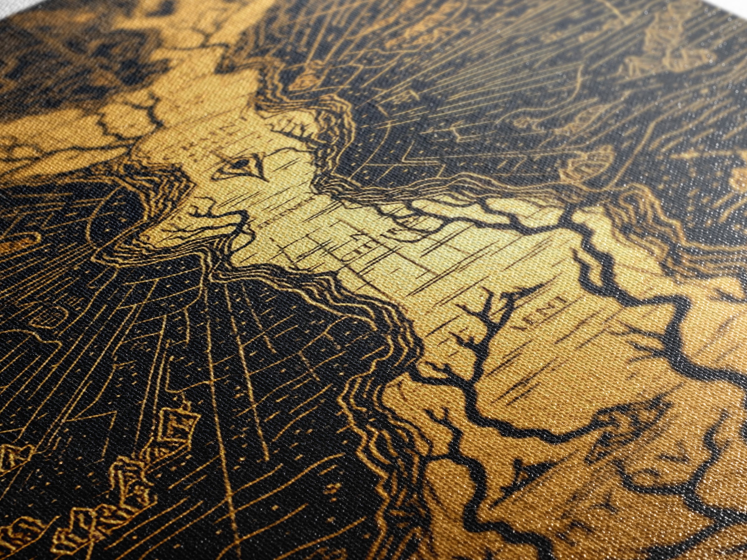 Ancient River Map Artwork, Mythical Golden Waterways Wall Art, Canvas Gold Canvas Print, Real Wood Frame, Esoteric Decor