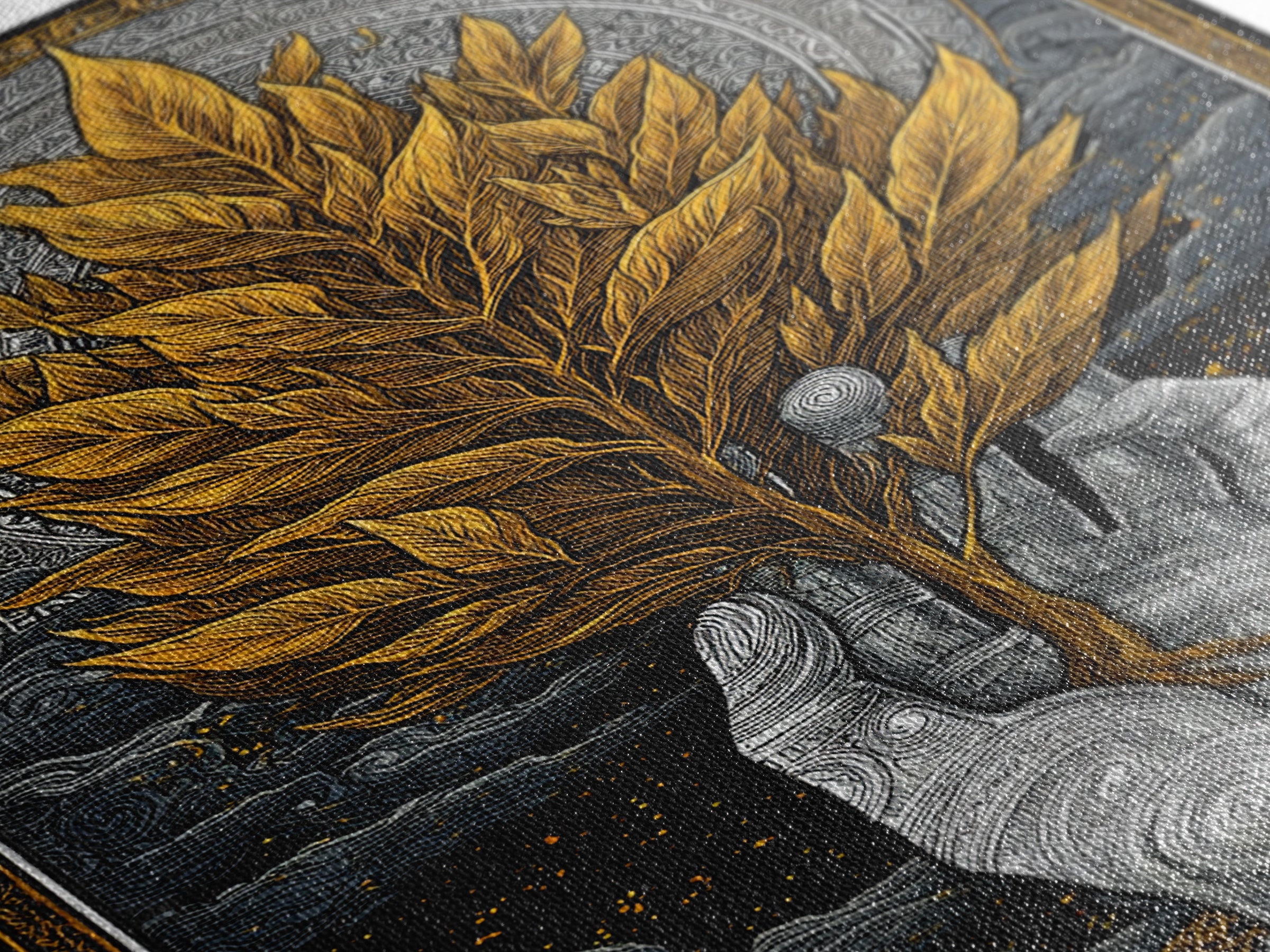 Hand With Golden Leaves Artwork, Mythical Nature Symbol Wall Art, Canvas Gold Canvas Print, Real Wood Frame, Sacred Decor