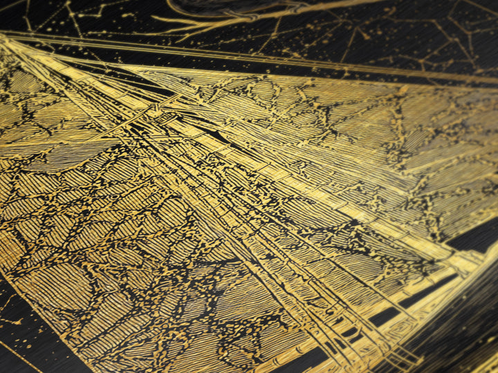 Golden Sailboat Artwork, Mythical Nautical Journey Wall Art, Metallic Gold Metal Print, Real Wood Frame, Celestial Decor