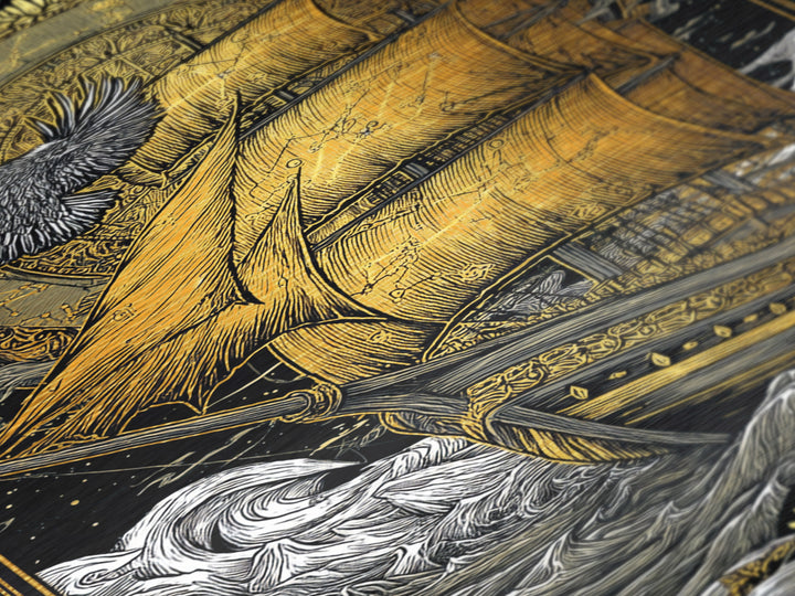 Mythical Sailing Ship Artwork, Celestial Constellation Sea Voyage Wall Art, Metallic Gold Metal Print, Real Wood Frame Decor