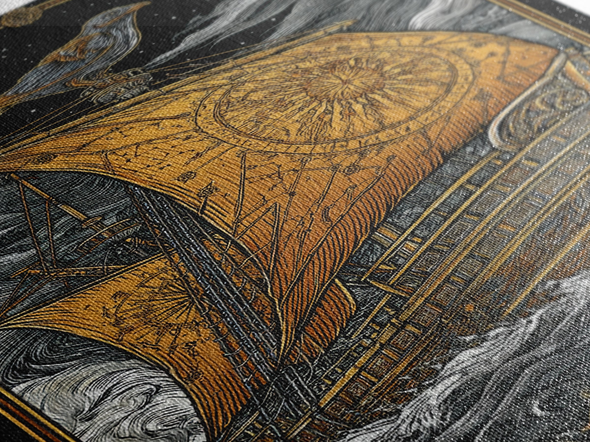 Ancient Ship Artwork, Nautical Journey With Bird Symbol Wall Art, Mythical Celestial Voyage, Canvas Gold Canvas Print, Real Wood Frame