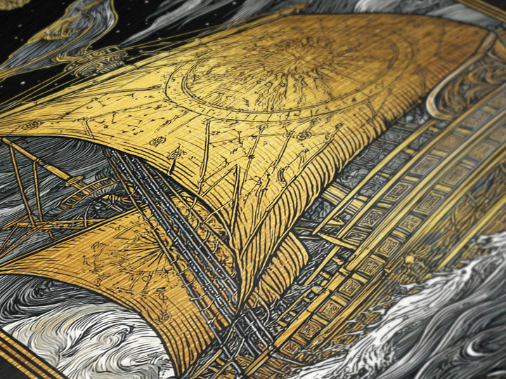 Ancient Ship Artwork, Nautical Journey With Bird Symbol Wall Art, Mythical Celestial Voyage, Metallic Gold Metal Print, Real Wood Frame