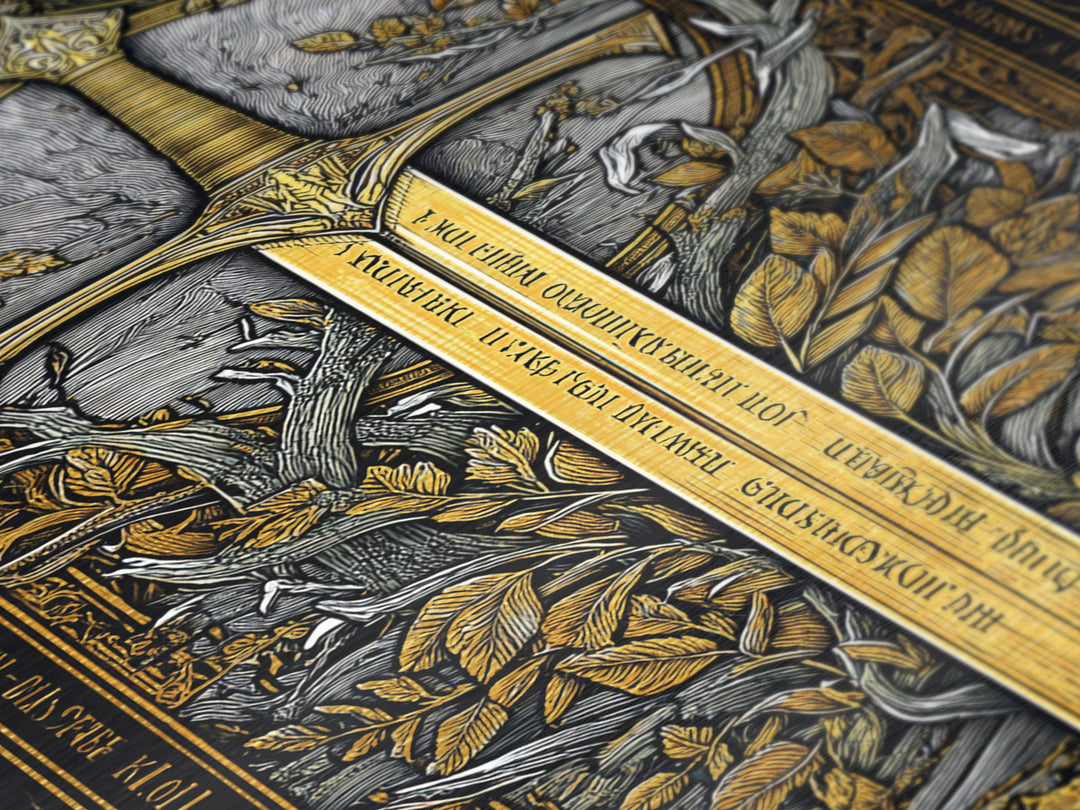 Sword Of Nature Artwork, Mythical Blade Surrounded By Leaves Wall Art, Ancient Weapon Design, Metallic Gold Metal Print, Real Wood Frame
