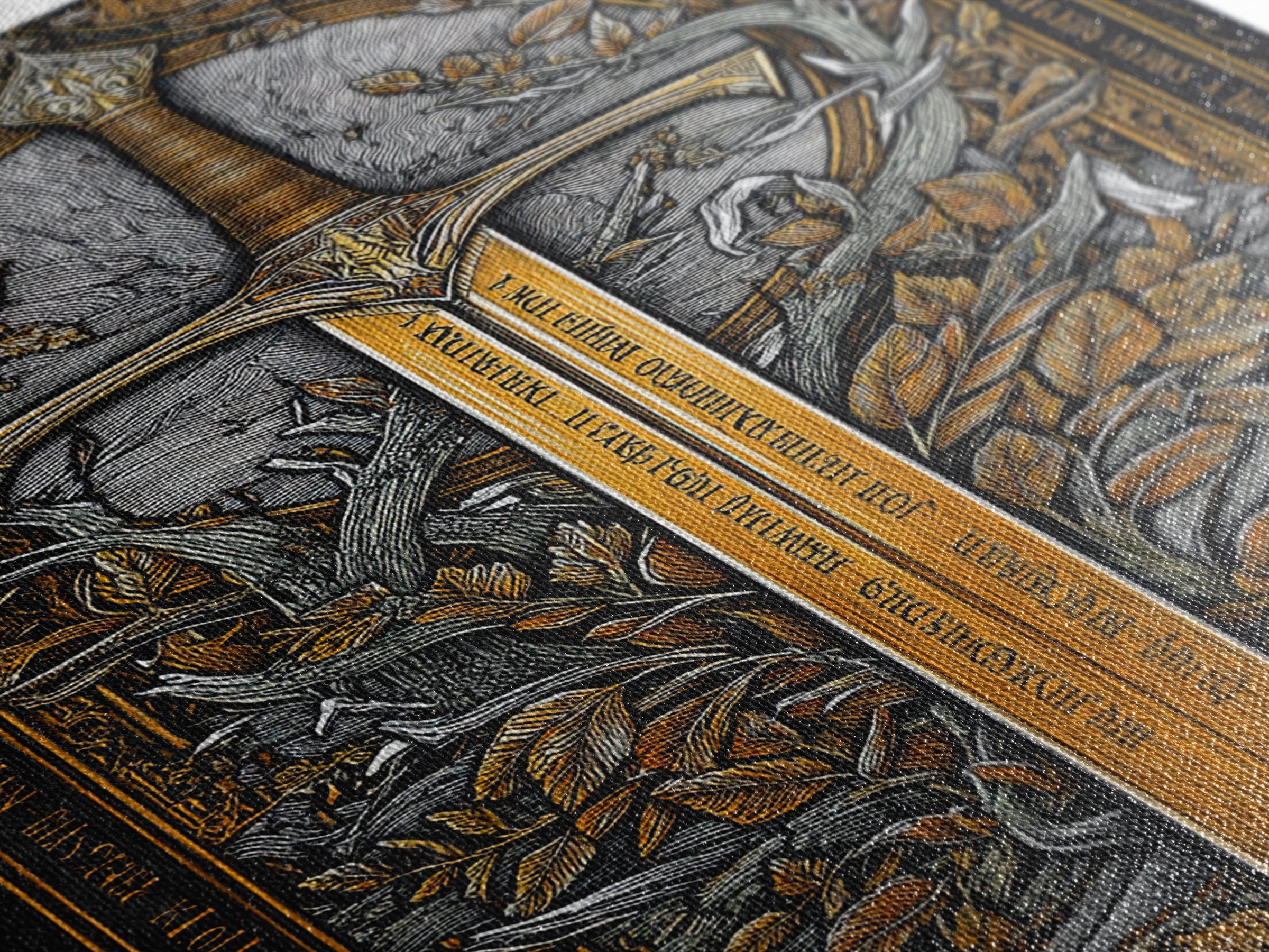 Sword Of Nature Artwork, Mythical Blade Surrounded By Leaves Wall Art, Ancient Weapon Design, Canvas Gold Canvas Print, Real Wood Frame