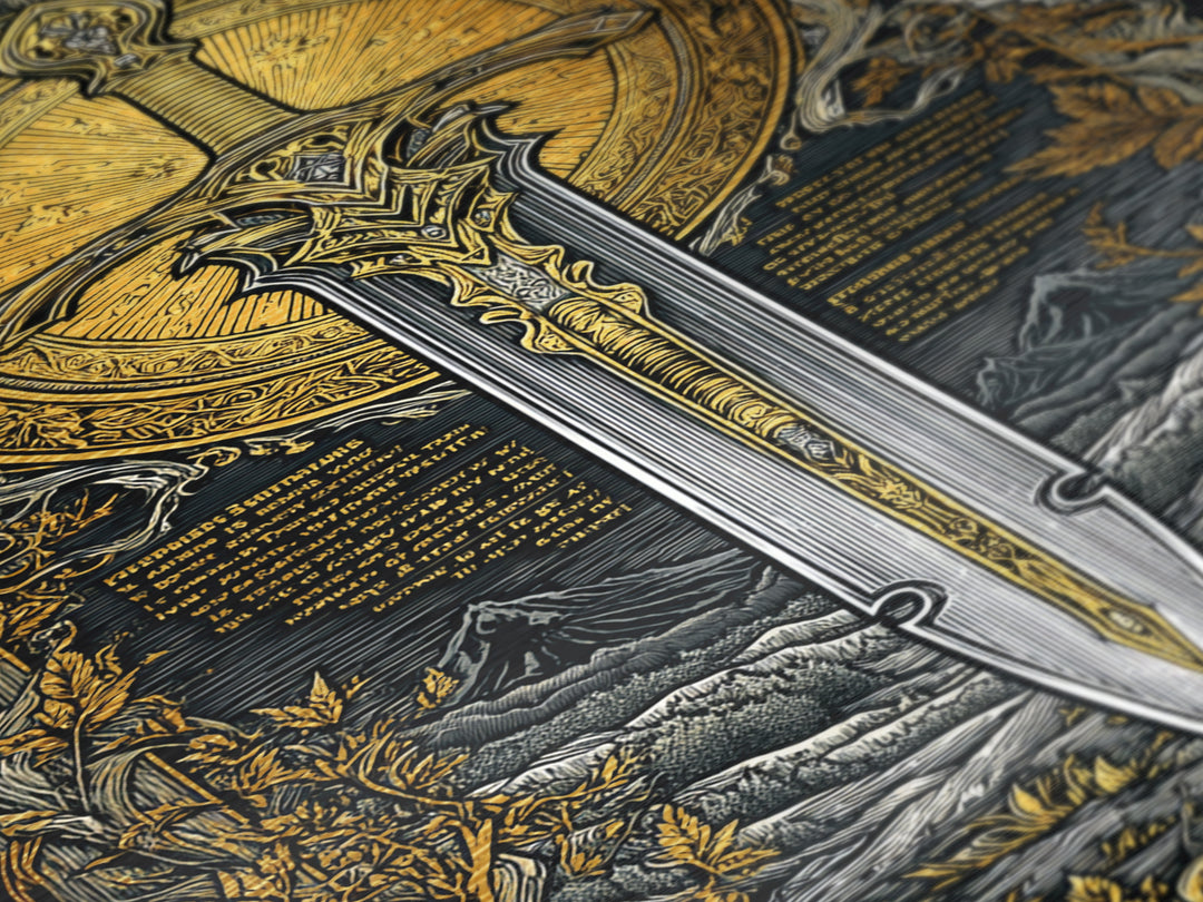 Mythical Sword Artwork, Celestial Blade And Sun Symbol Wall Art, Ornate Weapon Design, Ancient Inspired Decor, Metallic Gold Metal Print, Real Wood Frame