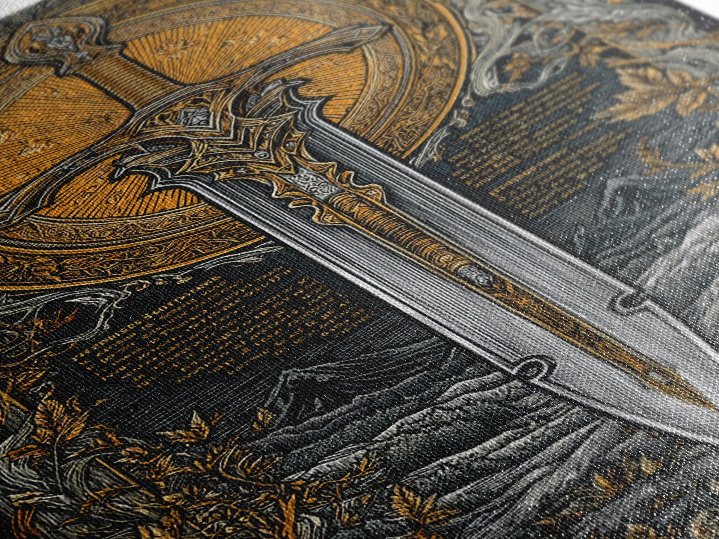 Mythical Sword Artwork, Celestial Blade And Sun Symbol Wall Art, Ornate Weapon Design, Ancient Inspired Decor, Canvas Gold Canvas Print, Real Wood Frame