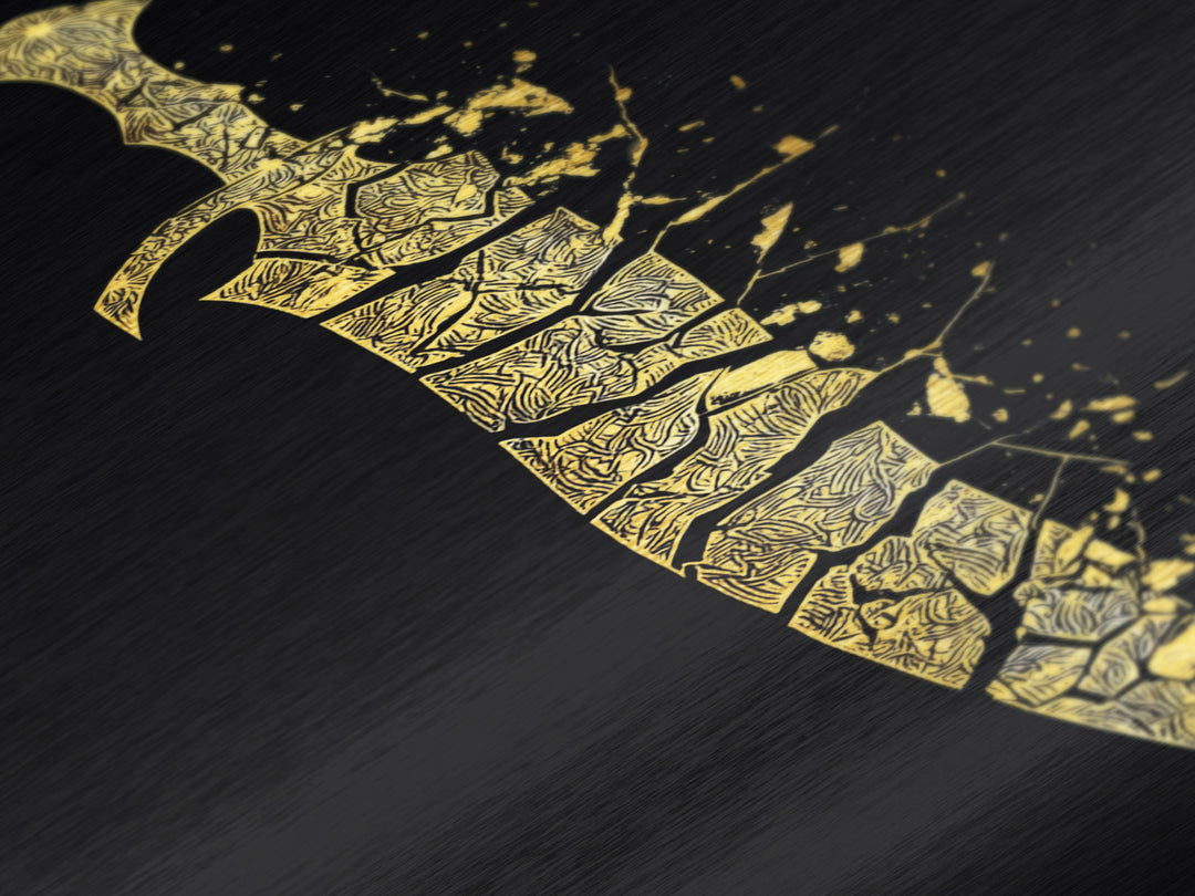 Ancient Broken Sword Artwork, Esoteric Cracked Blade Symbol Wall Art, Mythical Weapon Decor, Metallic Gold Metal Print, Real Wood Frame