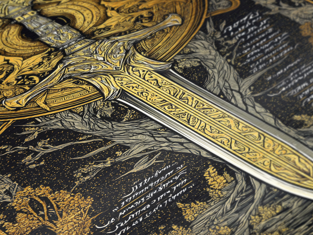 Celestial Sword Artwork, Mythical Blade Surrounded By Ornate Sun Symbol, Ancient Weapon Design, Metallic Gold Metal Print, Real Wood Frame