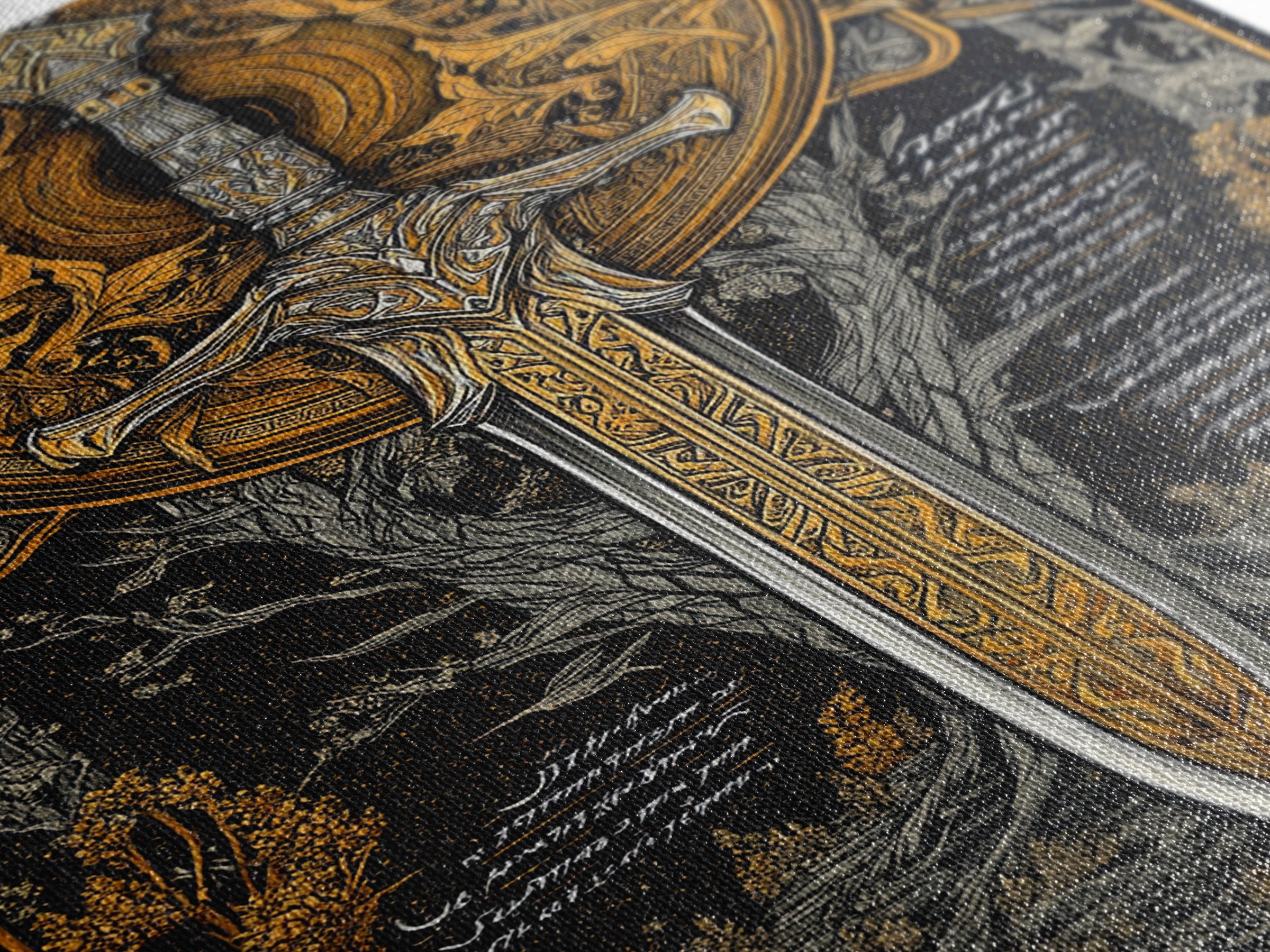 Celestial Sword Artwork, Mythical Blade Surrounded By Ornate Sun Symbol, Ancient Weapon Design, Canvas Gold Canvas Print, Real Wood Frame