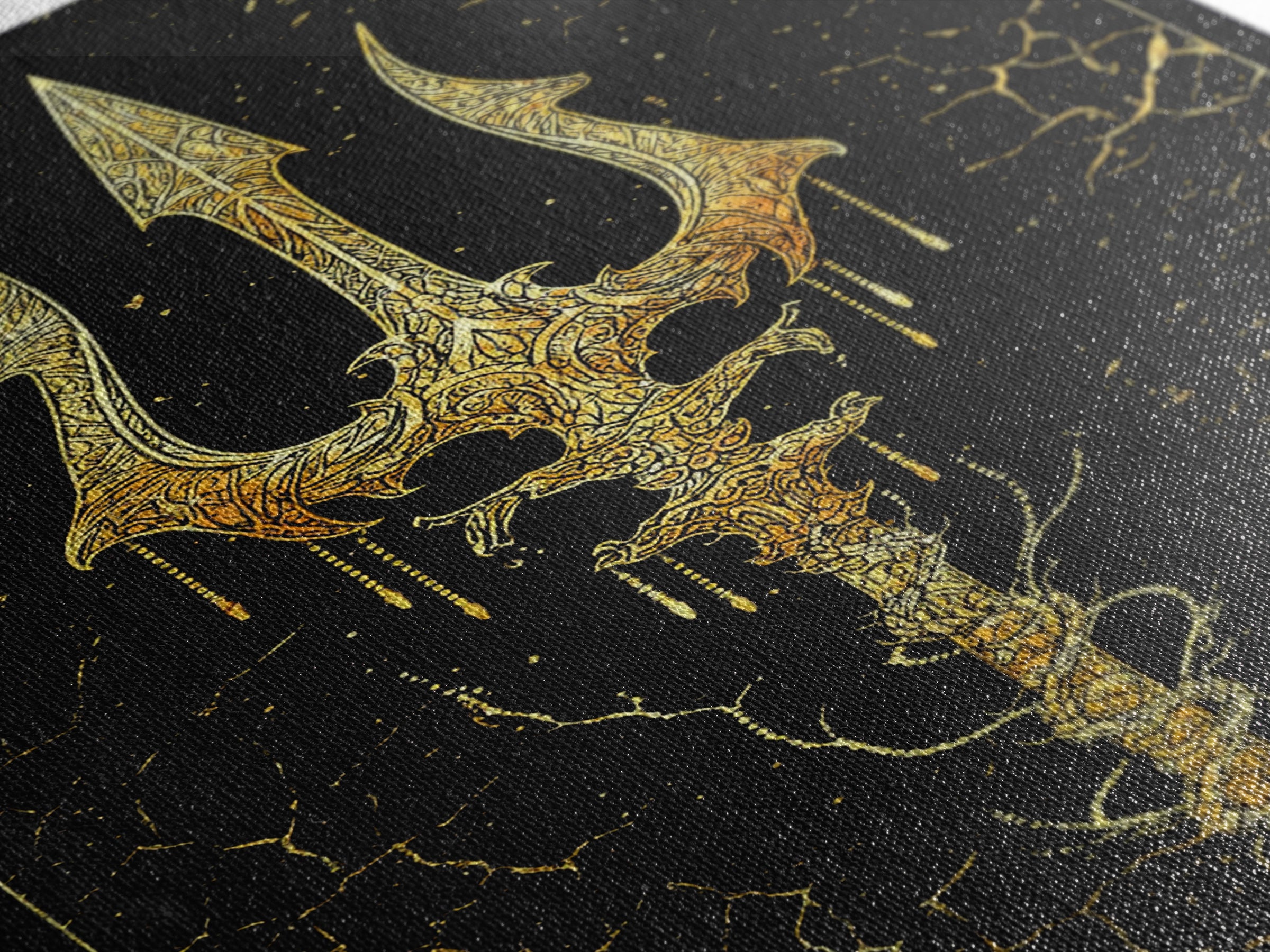 Ornate Trident Artwork, Mystical Sea God Weapon Symbol Wall Art, Ancient Nautical Decor, Mythical Design, Canvas Gold Canvas Print, Real Wood Frame