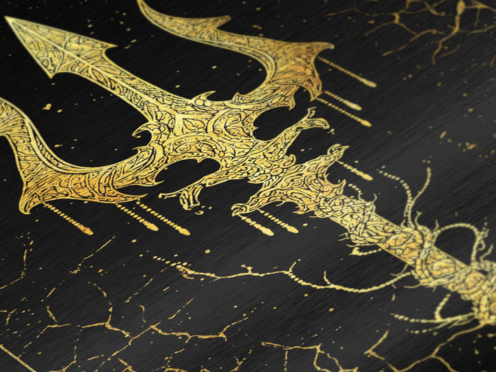 Ornate Trident Artwork, Mystical Sea God Weapon Symbol Wall Art, Ancient Nautical Decor, Mythical Design, Metallic Gold Metal Print, Real Wood Frame