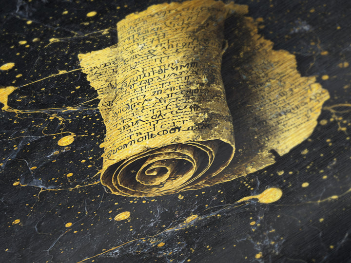 Metallic Gold Metal Print, Ancient Scroll Wall Art, Mythology Inspired Decor, Real Wood Frame, Historic Manuscript Artwork