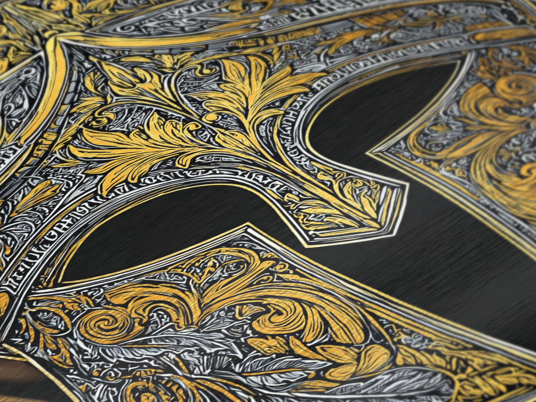 Antique Spartan Helmet with Mythical Inscriptions – Metallic Gold Art, Real Wood Framed Metal Art, Aged Warrior Helmet Wall Art