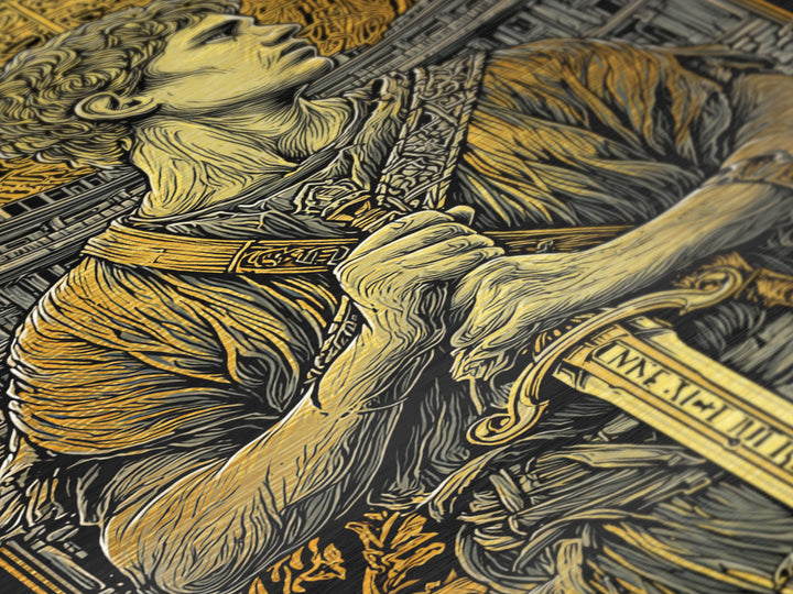 Metallic Gold Art, Roman Warrior Wall Print, Mythology Inspired Decor, Real Wood Frame, Ancient Empire Hero Artwork