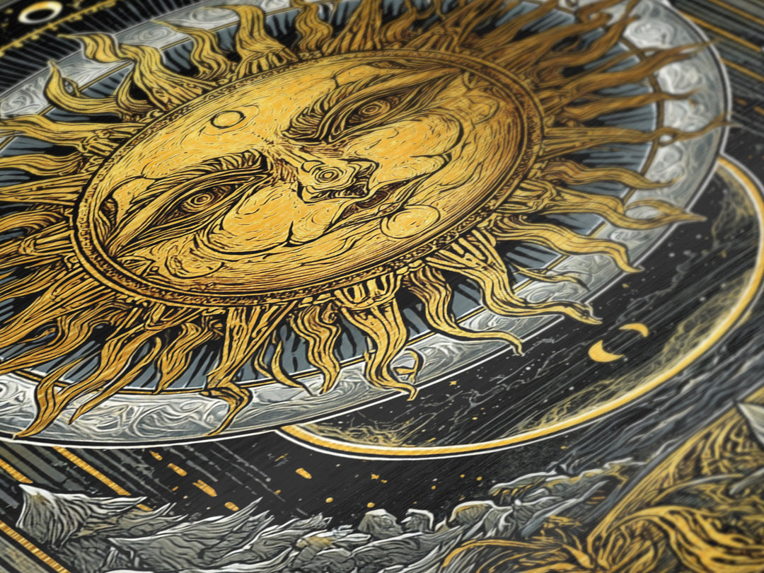 Celestial Sun And Moon Design, Metallic Gold Art, Astrology Wall Print, Mystical Home Decor, Real Wood Frame Mythic Artwork