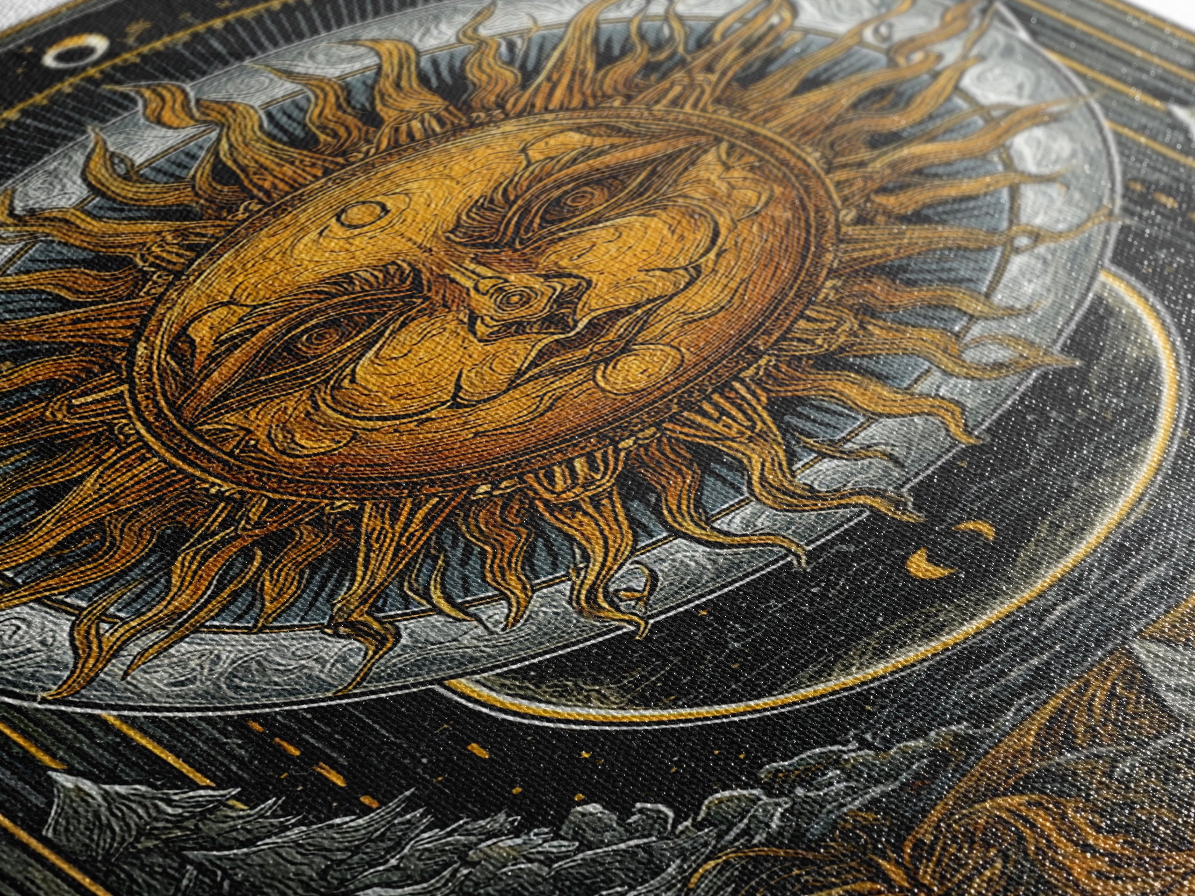 Celestial Sun And Moon Design, Canvas Gold Art, Astrology Wall Print, Mystical Home Decor, Real Wood Frame Mythic Artwork