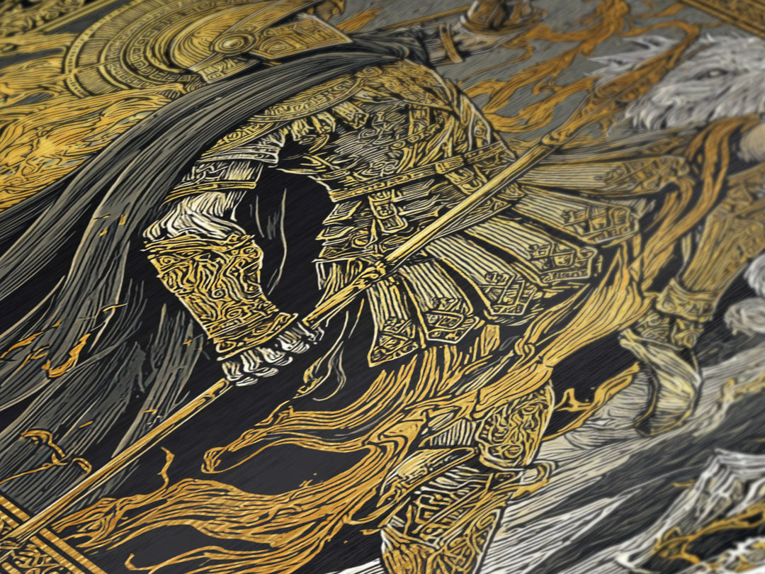 Ancient Warrior With Spear, Metallic Gold Metal Print, Mythology Wall Art, Battle Scene Decor, Real Wood Frame Epic Artwork