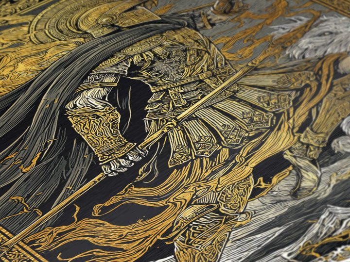Ancient Warrior With Spear, Metallic Gold Metal Print, Mythology Wall Art, Battle Scene Decor, Real Wood Frame Epic Artwork