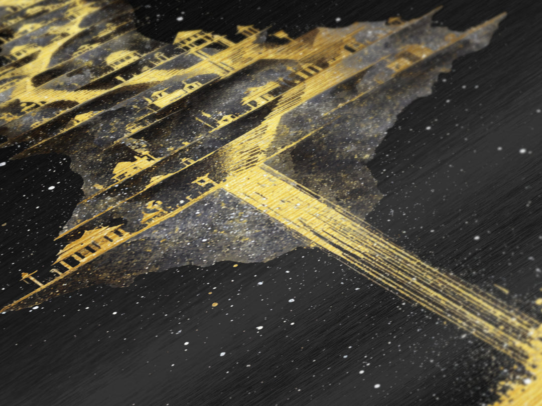Floating Cosmic City Of Light, Metallic Gold Metal Print, Fantasy Architecture Wall Art, Real Wood Framed Home Decor