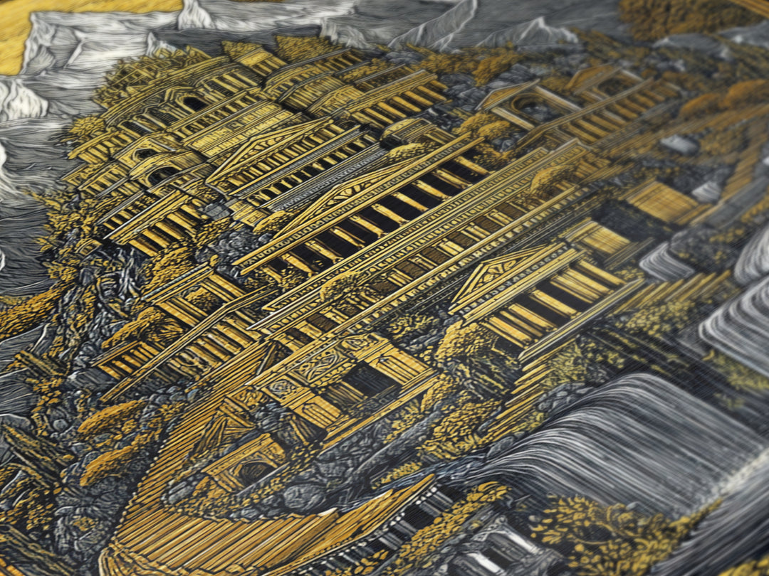 Mythical Mountain Palace With Waterfalls, Metallic Gold Metal Print, Fantasy Landscape Art, Real Wood Framed Wall Decor