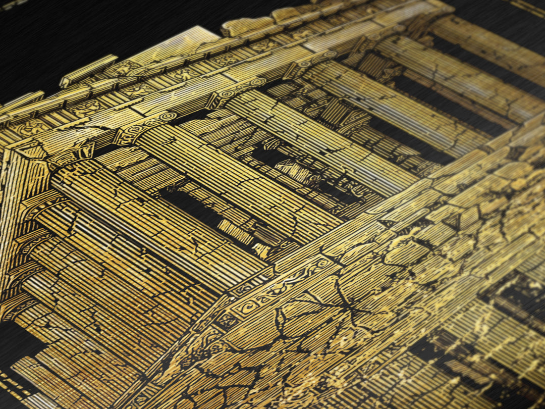 Ancient Ruins On Water Reflection, Metallic Gold Metal Print, Classical Greek Architecture Wall Art, Real Wood Framed Art