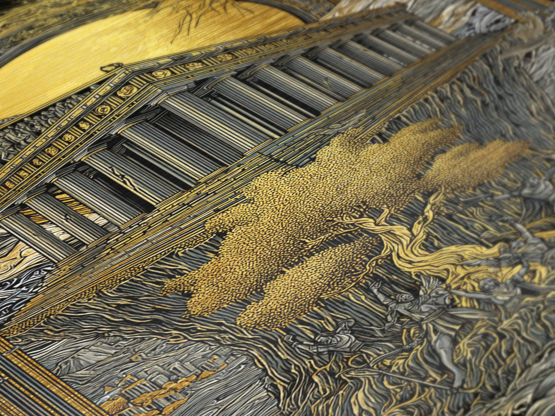 Temple Under Eclipse Sun And Stars, Metallic Gold Metal Print, Mythical Fantasy Architecture Wall Art, Real Wood Framed Art