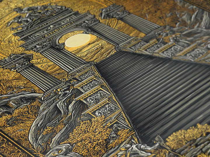 Grand Temple Archway And Stairs, Metallic Gold Metal Print, Mythical Ancient Architecture Artwork, Real Wood Framed Decor