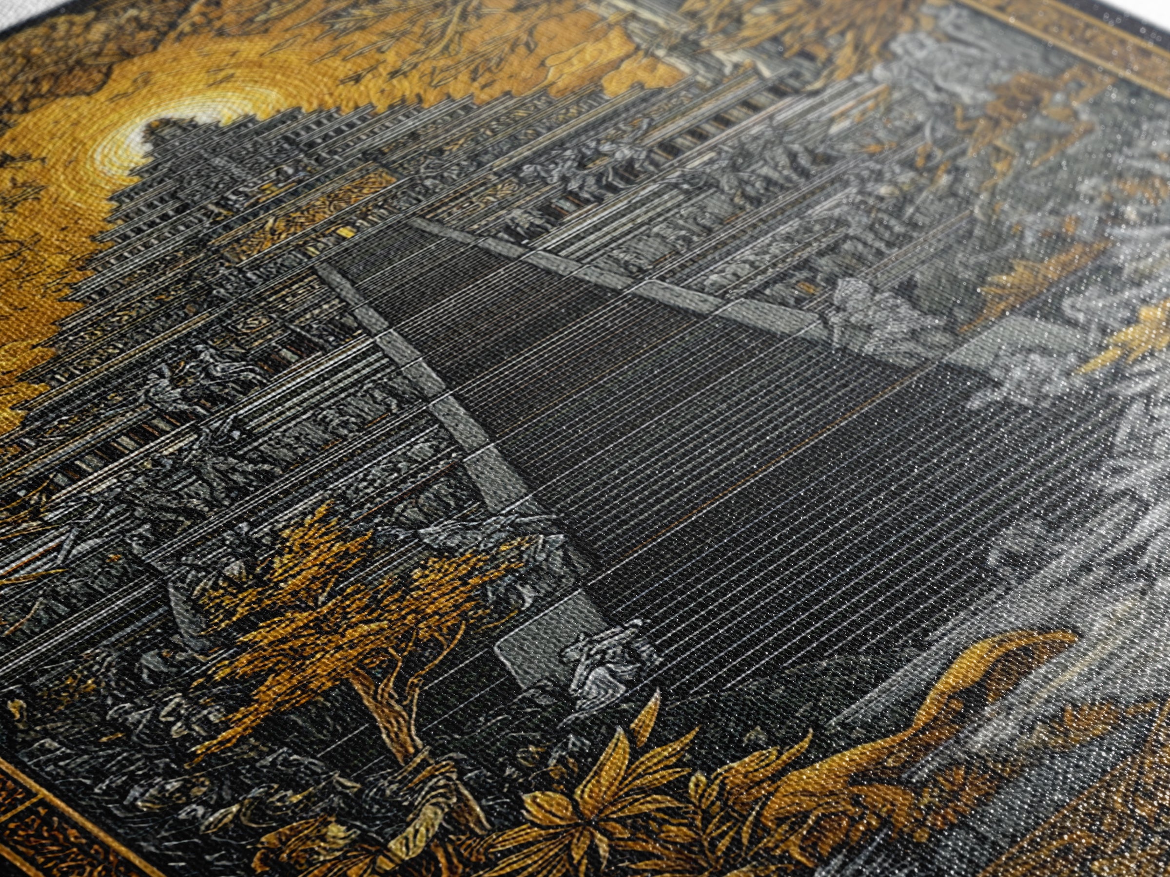 Mythical Ziggurat Sunlit Temple, Canvas Gold Canvas Print, Ancient Fantasy Architecture Wall Art, Real Wood Framed Artwork