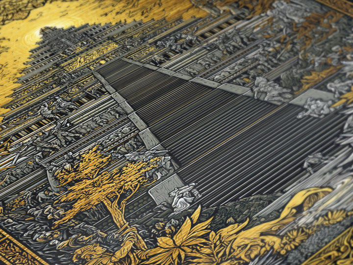 Mythical Ziggurat Sunlit Temple, Metallic Gold Metal Print, Ancient Fantasy Architecture Wall Art, Real Wood Framed Artwork