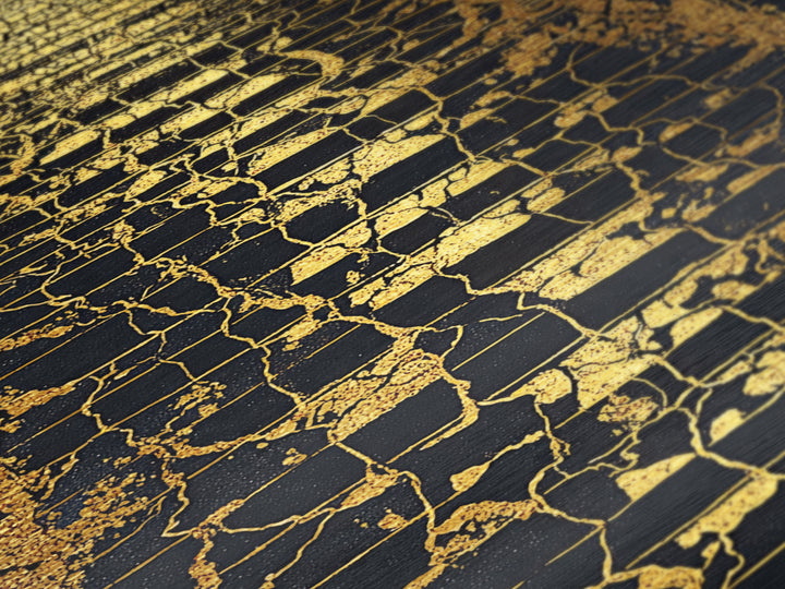 Cracked Marble Golden Stairway, Metallic Gold Art, Mythical Abstract Architecture Artwork, Real Wood Framed Wall Decor